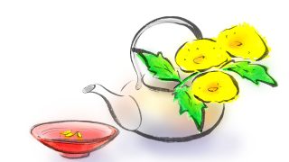 菊の花びらを浮かべた杯と酒器