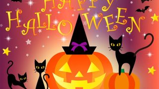 Happy Halloweenの文字と、真ん中にジャック・オー・ランタン、両隣に黒猫と空にコウモリのイラスト