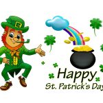 Happy St. Patrick's Day!　のロゴと、ゴールドのポット、虹、シャムロック、レプラコーンのイラスト