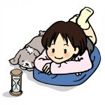 女の子と犬が寝そべって砂時計を見ているイラスト