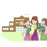 大学の学び舎を背景に、着物と袴姿の三人の女子大学生が卒業証書を手にして立っているイラスト