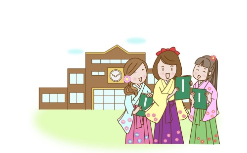 大学の学び舎を背景に、着物と袴姿の三人の女子大学生が卒業証書を手にして立っているイラスト